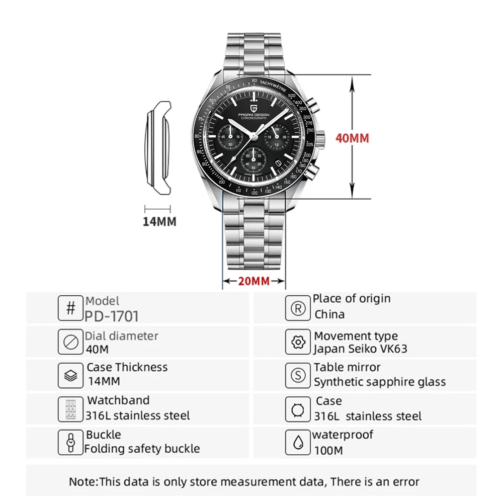 2025 New PAGANI DESIGN 1701 V5 Men's Watches Luxury Quartz Watch Men Sports Speed Chronograph AR Sapphire glass 100M Waterproof
