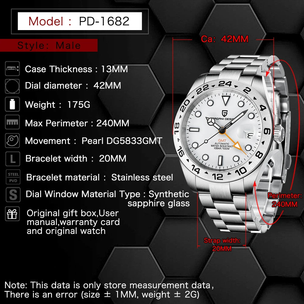 PAGANI Design 2025 New 42MM GMT Watch  Men's Automatic Mechanical Watches Sapphire Stainless Steel Waterproof Watch Reloj Hombre
